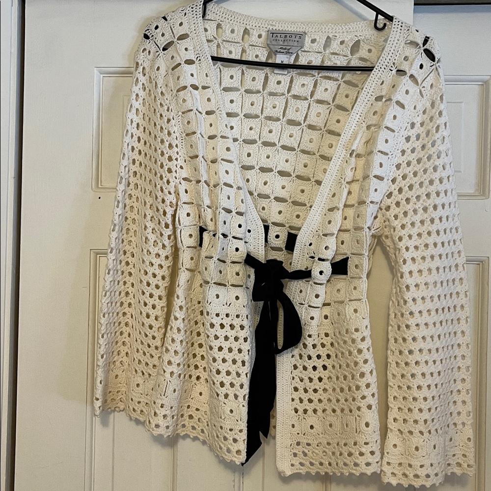 Vintage Talbots Cream Crochet Cardigan with Black Tie